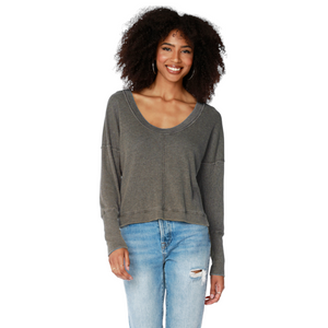 Waffle Scoop/V-Neck Long Sleeve Top in Olive Tree