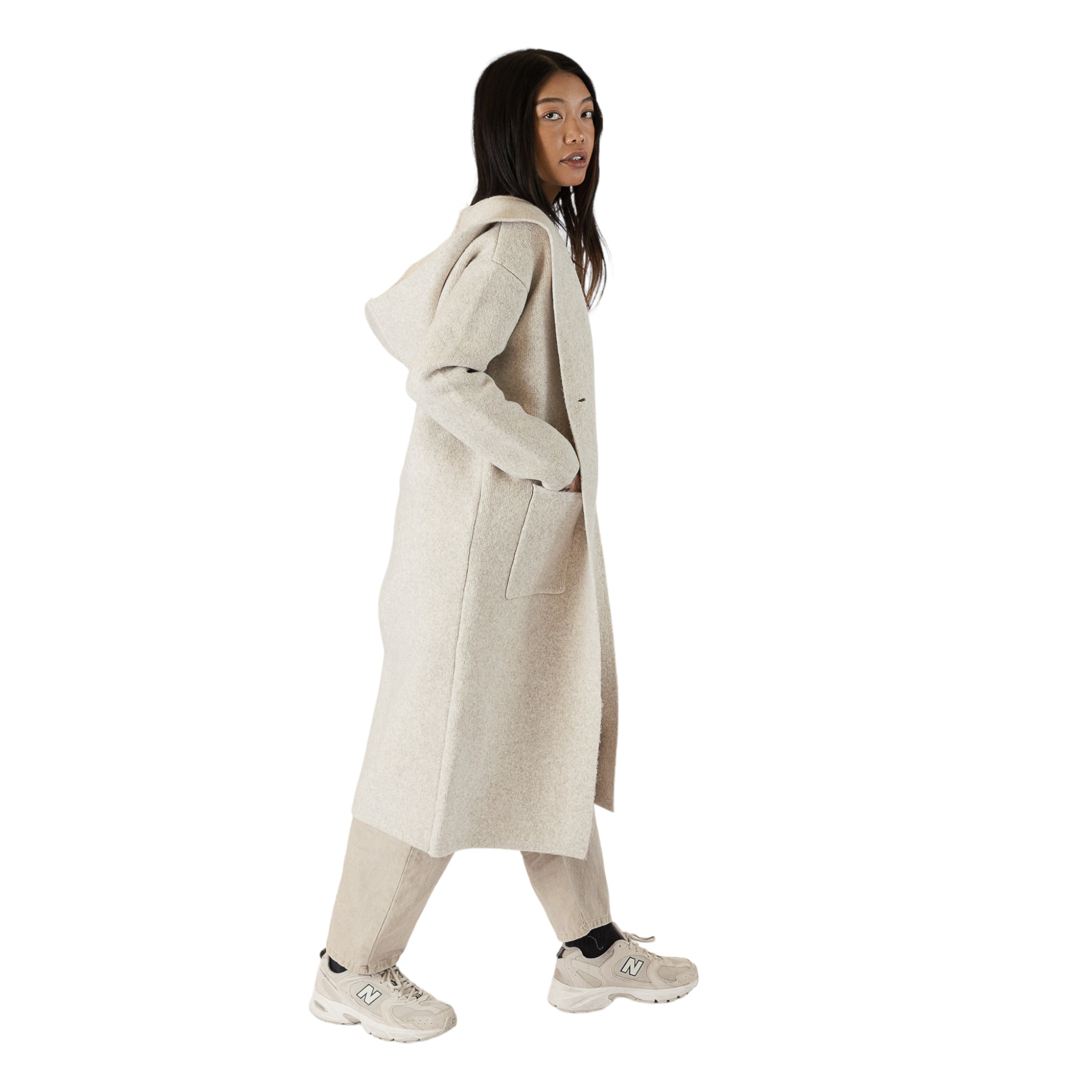 Jiminy Long Hooded Sweater Coat with Pockets in Beige