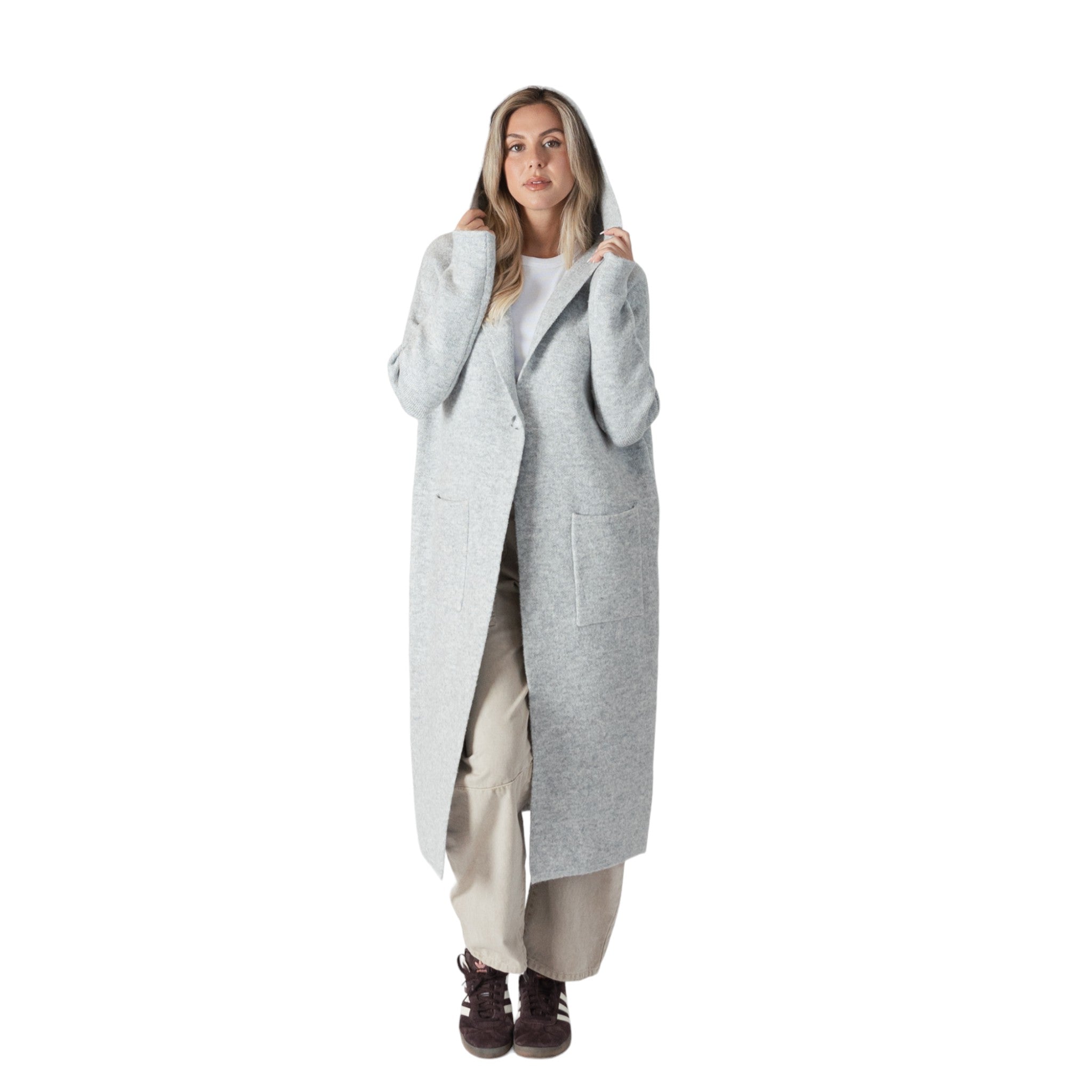 Jiminy Long Hooded Sweater Coat with Pockets in Light Grey