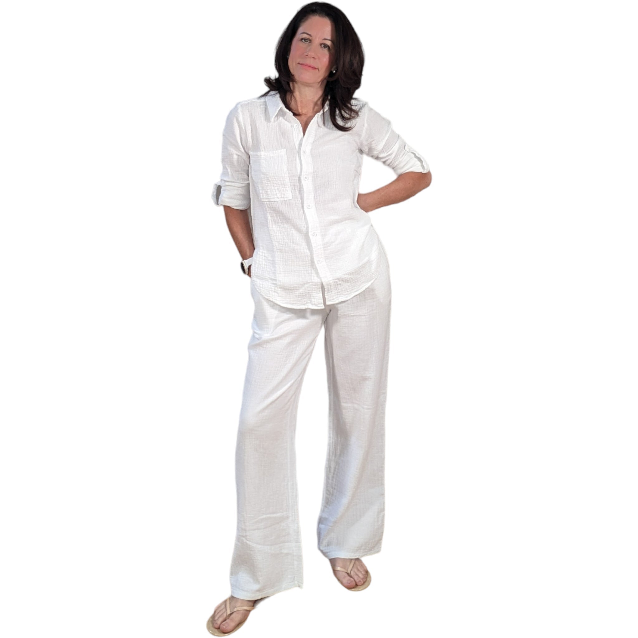 White Long Sleeve Gauze Cotton Button Down Shirt-Veri Peri