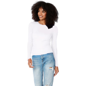 Side Shirred Ribbed Long Sleeve Crewneck in White